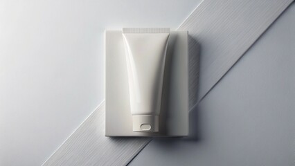White mockup skincare tube flat lay, blank surface, modern minimalist packaging composition.
