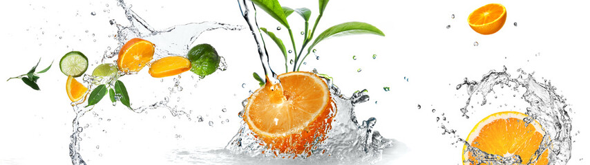 Fresh citrus panoramic banner with orange slices and lime pieces splashing in water with green...