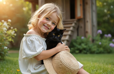 Obraz premium Blonde girl hugs black cat in sunny garden. Child with pet sits on green grass near wooden house. Happy kid holds furry animal. Summer outdoor portrait.