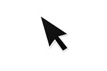 Black mouse cursor icon with white outline pointing on transparent background for digital interface navigation