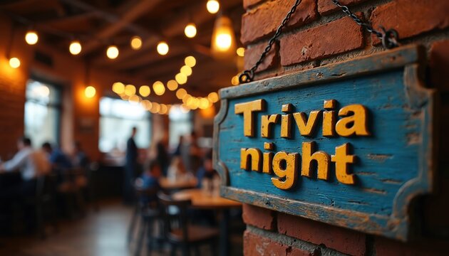Restaurant sign says Trivia Night. People gather indoors near tables, enjoying festive string lights above. Enjoying fun quiz event at casual eatery, engaging in friendly competition, social
