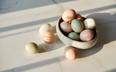 Happy easter sunday eggs in a bowl on a table