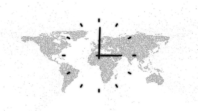 Minimal black and white dotted world map combined with a clock symbol, representing global time zones, international coordination and world time management. Seamless looping animation.