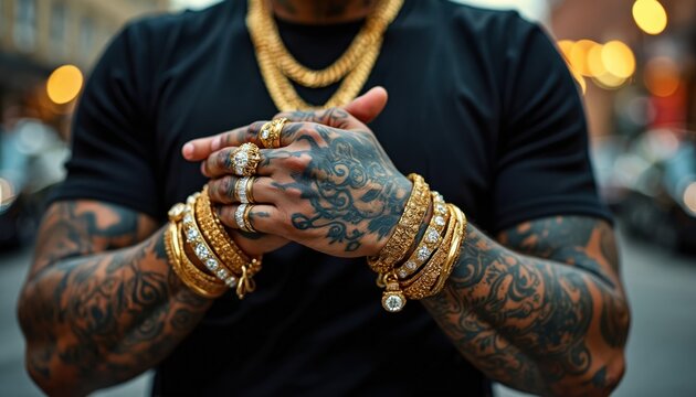 Man with tattooed arms wears multiple gold chains rings and bracelets. His hands rest clasped showing off his wealth and expensive accessories. He sports a black shirt. City lights blur behind him.