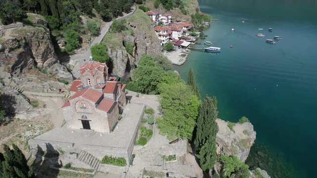 Aerial view of Church of St. John the Theologian -at Kaneo, Ohrid, Macedonia