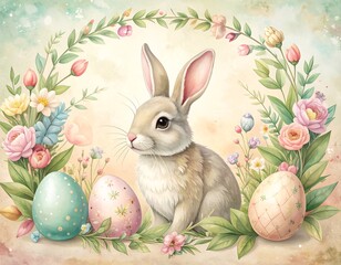 Easter Bunny with Eggs and Flowers.