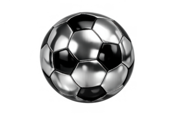 Silver chrome metallic soccer ball with shiny reflections, representing success, competition, and championship goals on transparent background