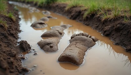 Elephant tracks pressed deep into wet mud, creating impressions in a shallow water puddle. Grass grows on muddy banks of a path. This is an African wildlife scene.