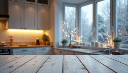 Empty white wood table in bright kitchen with winter window view. Warm under cabinet light and festive fairy lights add cozy holiday mood. Perfect for food ads.