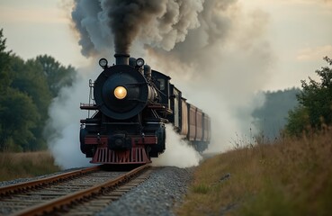 Naklejka premium Antique black steam engine train moves along tracks through trees. Puffs of smoke billow from chimney. Late afternoon light illuminates journey. Vintage locomotive travels outdoors.
