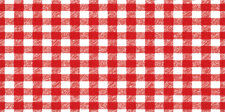 Seamless red and white checkered gingham tablecloth texture with a geometric plaid pattern on cotton fabric material for a picnic table or textile wallpaper design