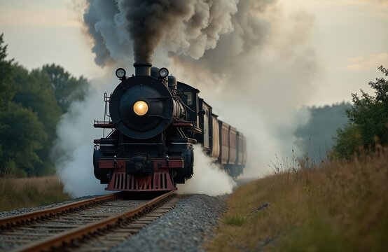 Antique black steam engine train moves along tracks through trees. Puffs of smoke billow from chimney. Late afternoon light illuminates journey. Vintage locomotive travels outdoors.