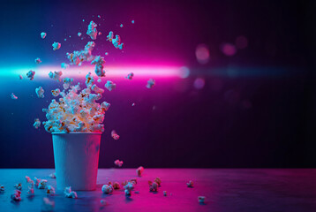 Flying popcorn in neon cinema lights with colorful glowing background, dynamic motion, modern movie theater snack concept, vibrant entertainment and cinema advertising scene