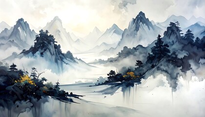 Misty Mountain Landscape with Lake and Trees.