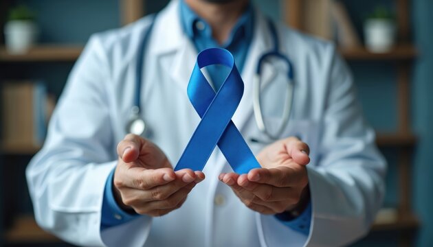 Doctor holds blue ribbon for men health awareness. Medical professional supports prostate cancer charity and male disease prevention. Hope for health.