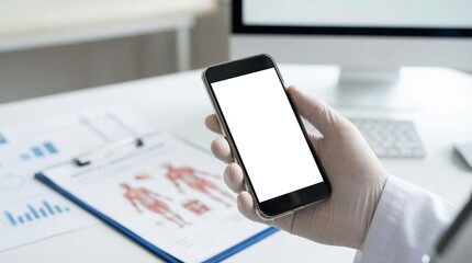 Doctor Holding Smartphone in Hospital Office for Telemedicine Consultation with Blurred Background
