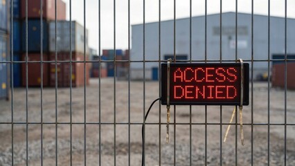 Digital Access Denied Sign on Wire Mesh Fence in Front of Blurred Warehouse in Restricted Trade Zone