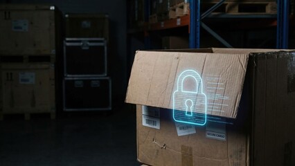 Digital Lock Graphic on a Box in a Dark Warehouse for Secure Cargo Storage Concept