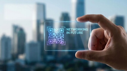 Transparent Glass Business Card Displaying QR Code for Future Networking Concept in Urban Setting