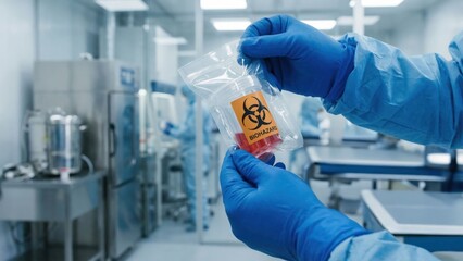 Laboratory Worker in Hazmat Suit Handling Sealed Sample Container in Clean Sterile Room Environment