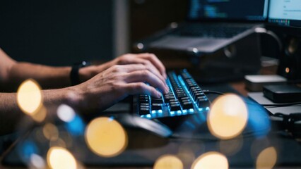 Programmer man hands working late on computer at night, typing code on illuminated keyboard with dreamy bokeh effect