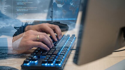 Typing on Keyboard Double Exposure of Container Ship Bow and Maritime Software Engineering Concept