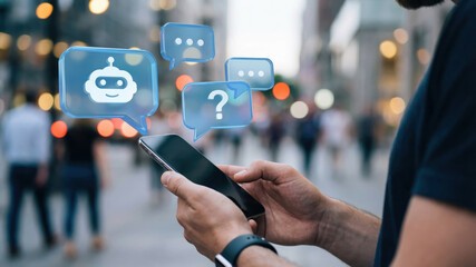 Hands Holding Smartphone with Blue Speech Bubbles and AI Chat Bot Icon