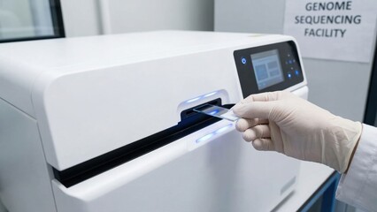 Modern Genome Sequencing Machine with Glass Slide Being Inserted in Advanced Laboratory Environment