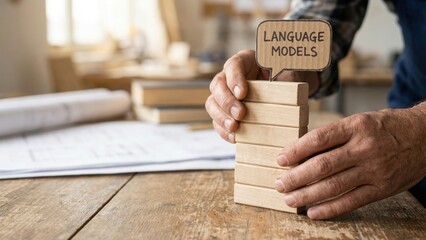 Creative Construction with Wooden Blocks Featuring Speech Bubble on Tower for Language Models Representation