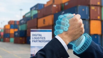 Digital Partnership in Logistics with Shaking Hands Over Background of Shipping Containers