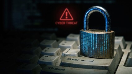 Padlock on Computer Keyboard with Cyber Threat Warning in Low Blue Light Environment