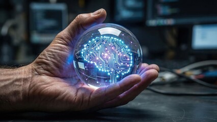 Glowing Digital Circuit Brain in Glass Sphere Cupped in Hand Against Dark Background