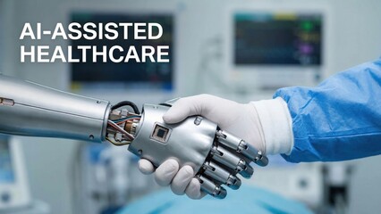 AI-Assisted Healthcare, Human and Robotic Hands Shaking in Collaborative Medical Environment
