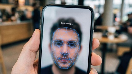 Advanced Facial Scanning Technology Displayed on a Smartphone with Wireframe Visualization of a Face