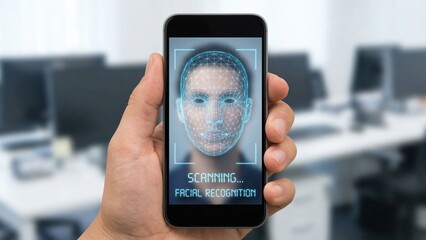 Advanced Facial Recognition Technology Concept with Animation Displayed on Smartphone Screen