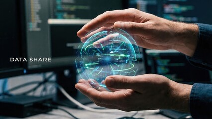 Hands Passing Glowing Digital Sphere for Data Transfer and Sharing Concept in a High-Tech Environment