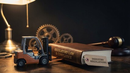 Forklift Next to Law Book with Dramatic Lighting Showcasing Industry Regulations and Compliance Issues