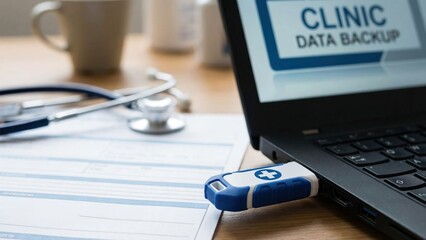 Medical Data Backup with USB Drive Connected to Laptop and Stethoscope on Desk in Clinic Environment