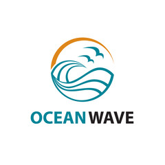 icon of sea waves with seagulls and sun isolated on white background