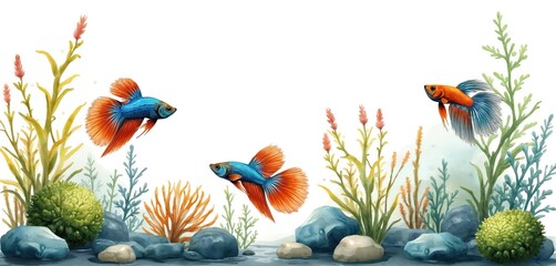 Three watercolor betta fish swim near aquatic plants and rocks. This vibrant underwater scene features orange and blue marine life with green foliage and pebbles on white background.