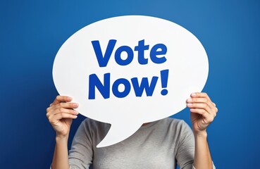 Person holds white speech bubble with blue text Vote Now. Encourages participation in elections and civic duty. Simple studio shot against blue.