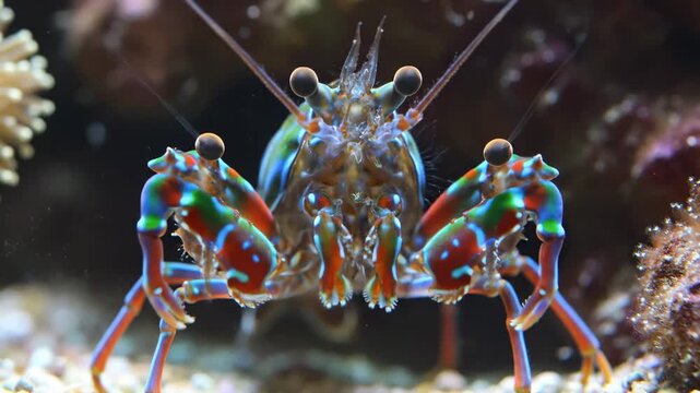 Colorful Mantis Shrimp Close Up Facing Camera in Aquarium Environment