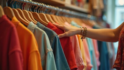 Woman hand touches colorful clothes on rack in second hand store. Shopper selects outfit from collection of used apparel. Browse fashion items in boutique.