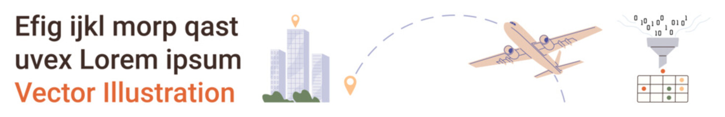 Obraz premium Logistics, travel, data processing, automation, transportation management, supply chain. Airplane flying with a route connecting city pinpoints to data processing chart. Logistics and travel concept