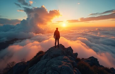 Man stands on rocky mountain peak above clouds watching sunrise. Golden sun breaks through clouds creating dramatic sky. Person observes majestic dawn, feels freedom and peace.