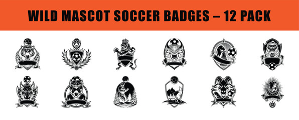 Set of 12 vintage soccer badge templates. Retro engraving style football emblems featuring lion, tiger, bear, wolf, gorilla, bison, bulldog, and wild boar. Monochrome vector crests with blank ribbons. © Vect Art