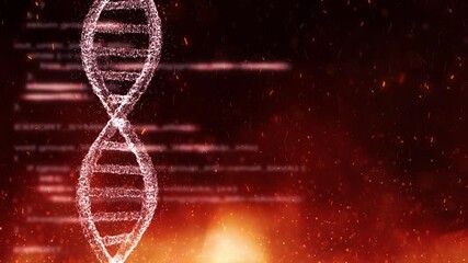 Glowing DNA double helix floating in a red fire flames scientific background with particles and motion blur, representing genetics, molecular biology, biotechnology. Seamless looping animation. - Powered by Adobe
