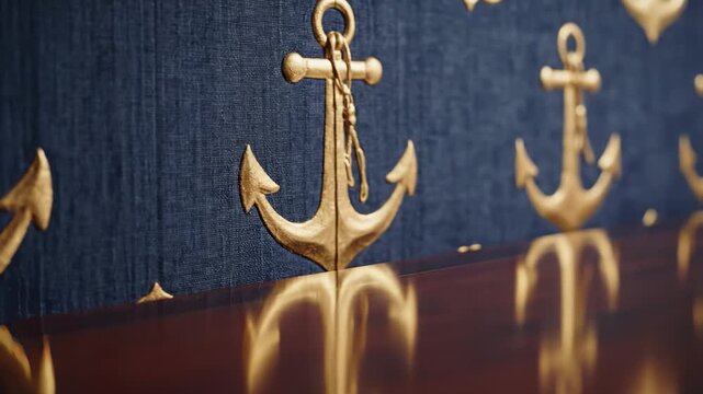 Golden Anchors Ornamenting Navy Blue Wall With Reflection