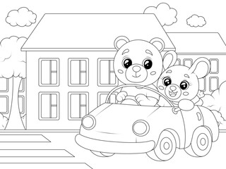 Cute bear family driving car black and white coloring page