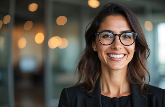 Mature woman with glasses smiles brightly. She wears a black jacket indoors against a blurred office background. This professional poses confidently looking directly forward at the camera.